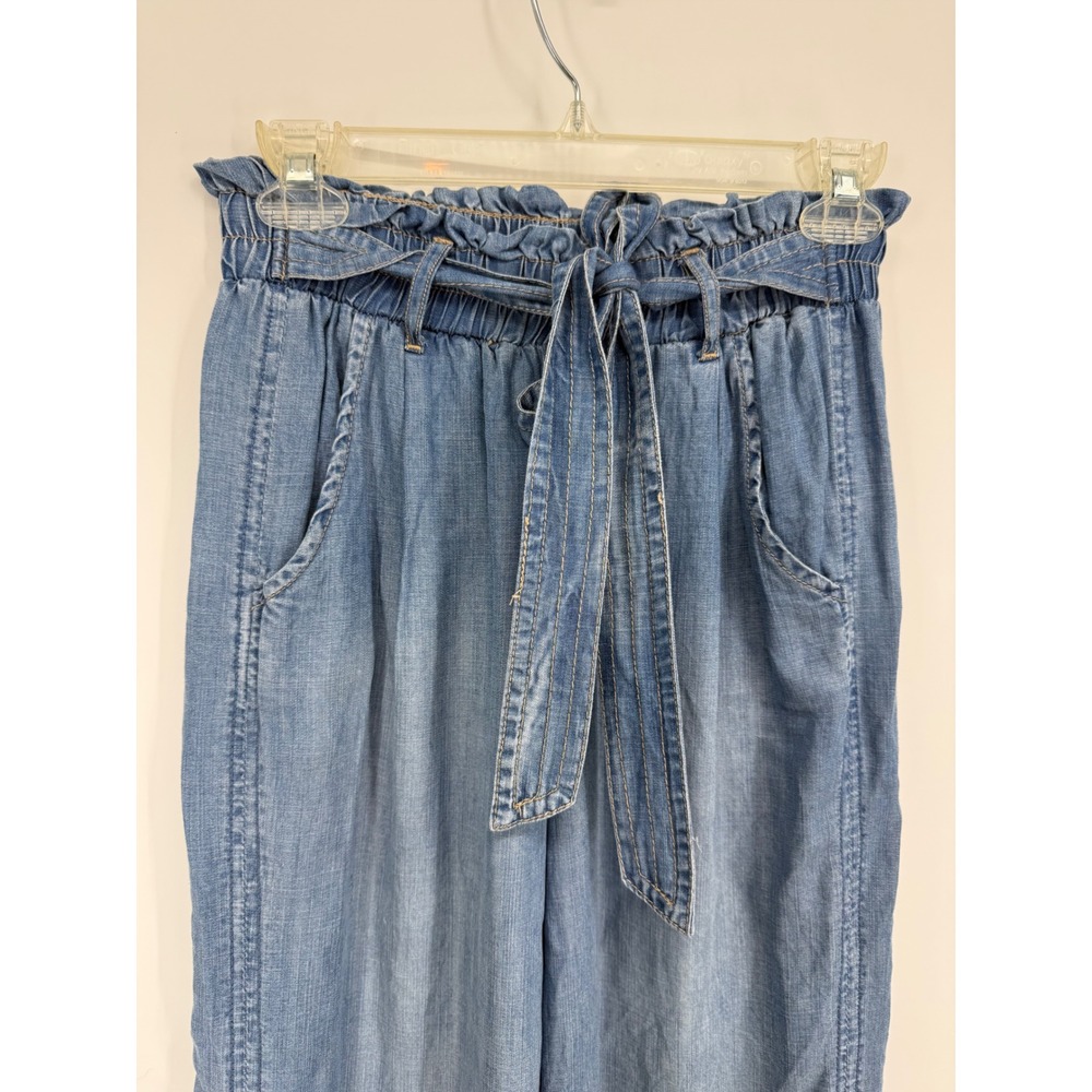 Knox Rose Paperbag Waist Pants Women XS Blue Denim Wide Leg Belted Lyocell - Picture 2 of 10